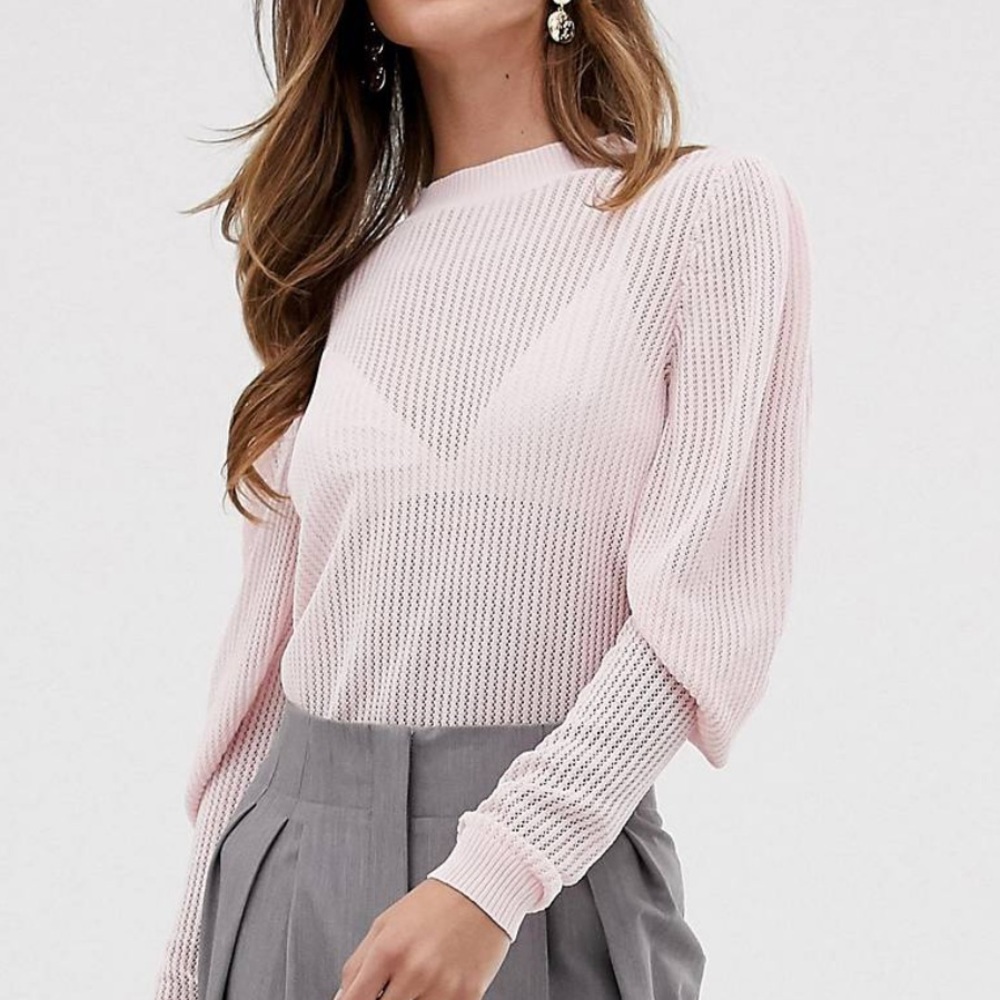 Y.A.S. Pink sheer knit puffy sleeve lightweight sweater